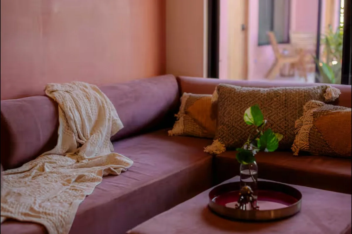 Lounge area with a plum sofa and throw blankets