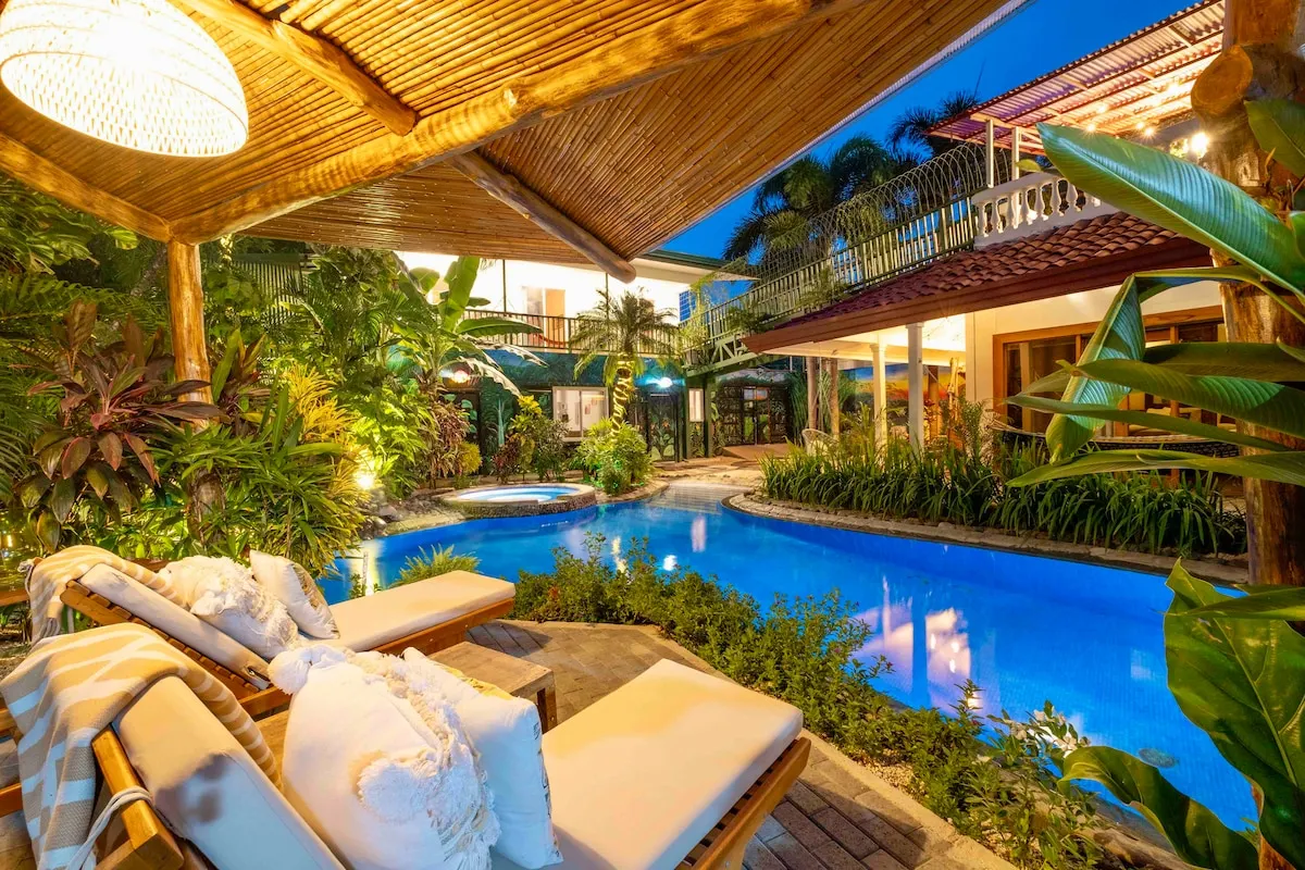 View of the pool and hot tub from the garden gazebo
