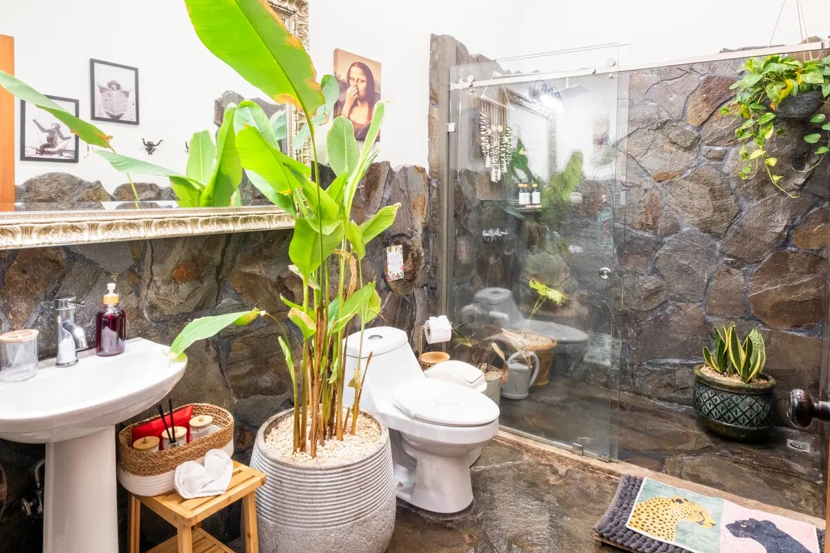 Stone-walled bathroom with tropical plants