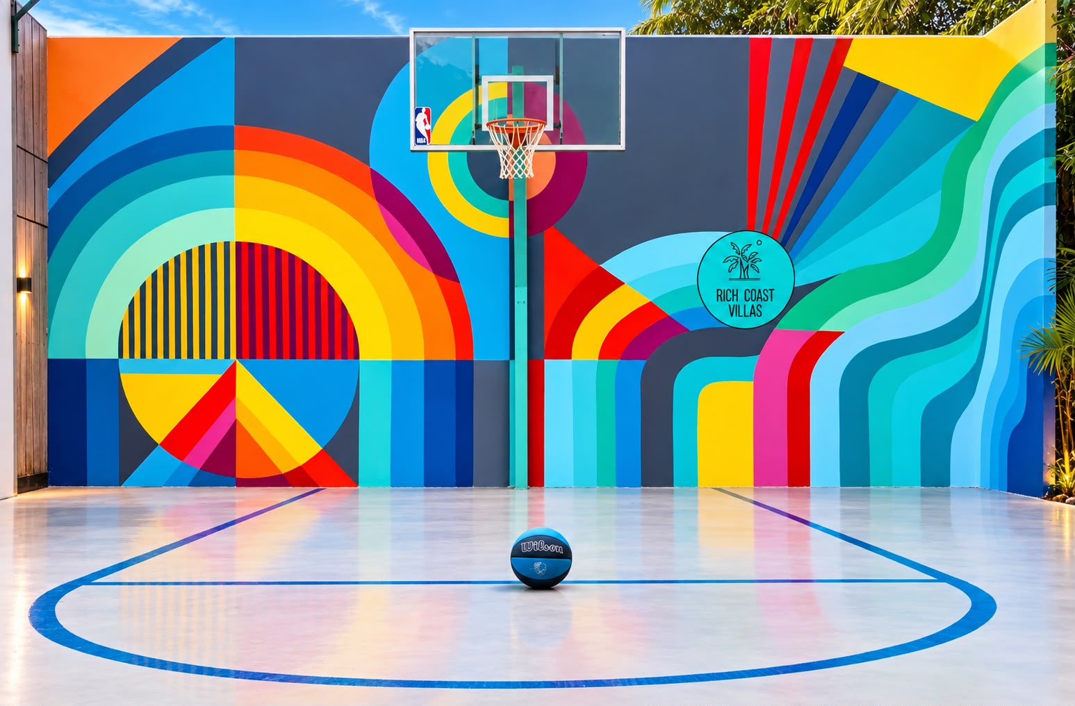 Basketball court with colorful mural