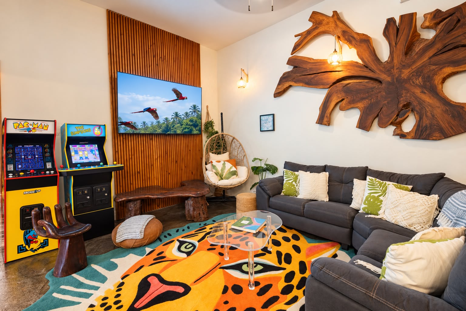 Game room with arcade machines and jaguar rug