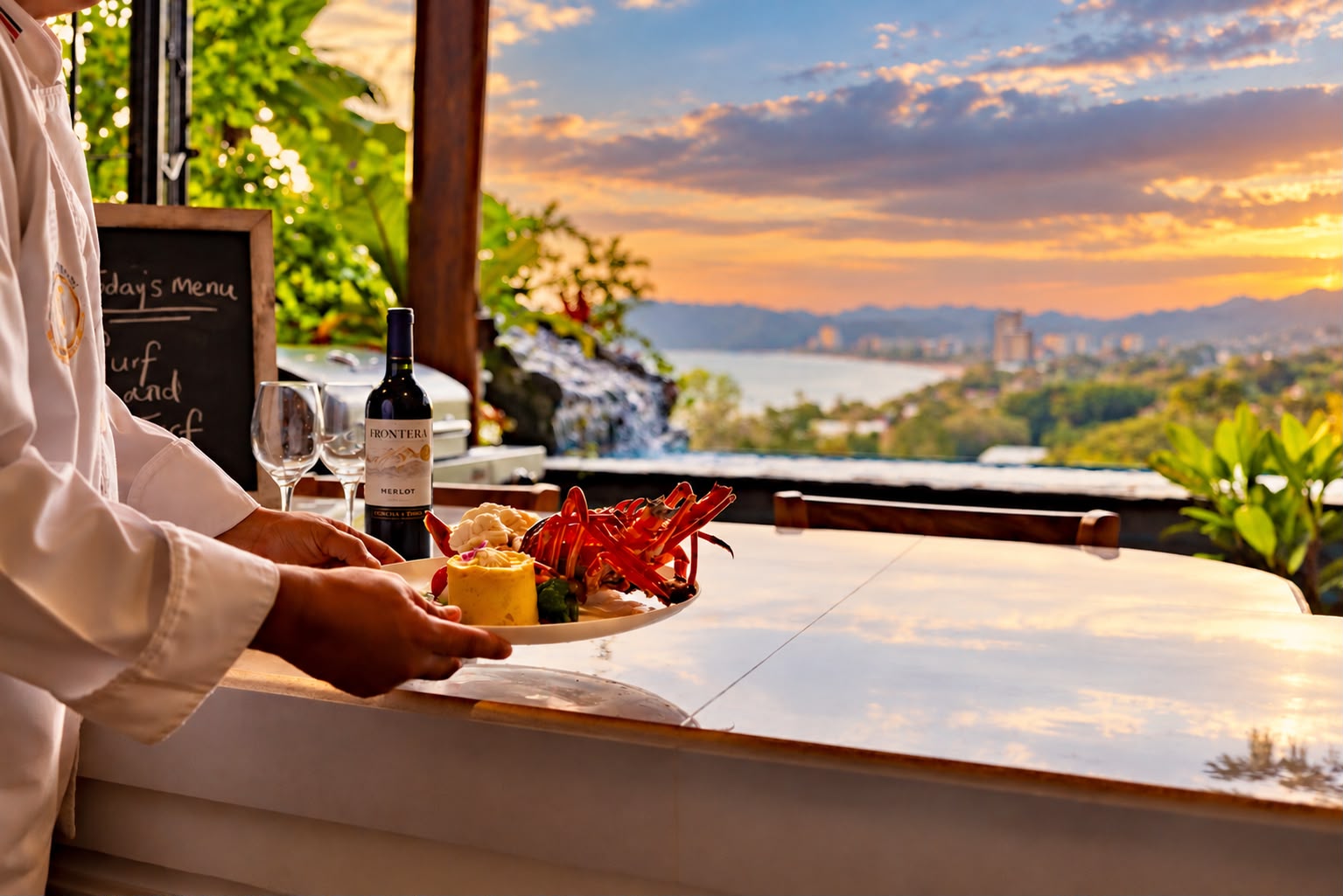 Private chef serving on the terrace at sunset