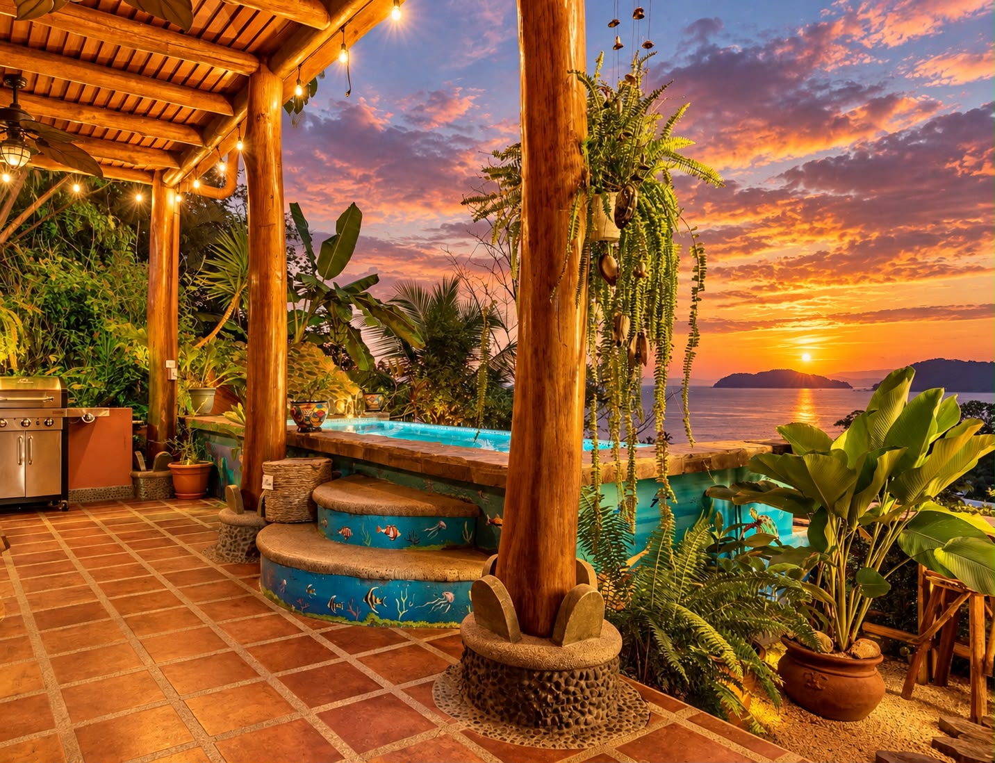 Pool terrace and hot tub at sunset