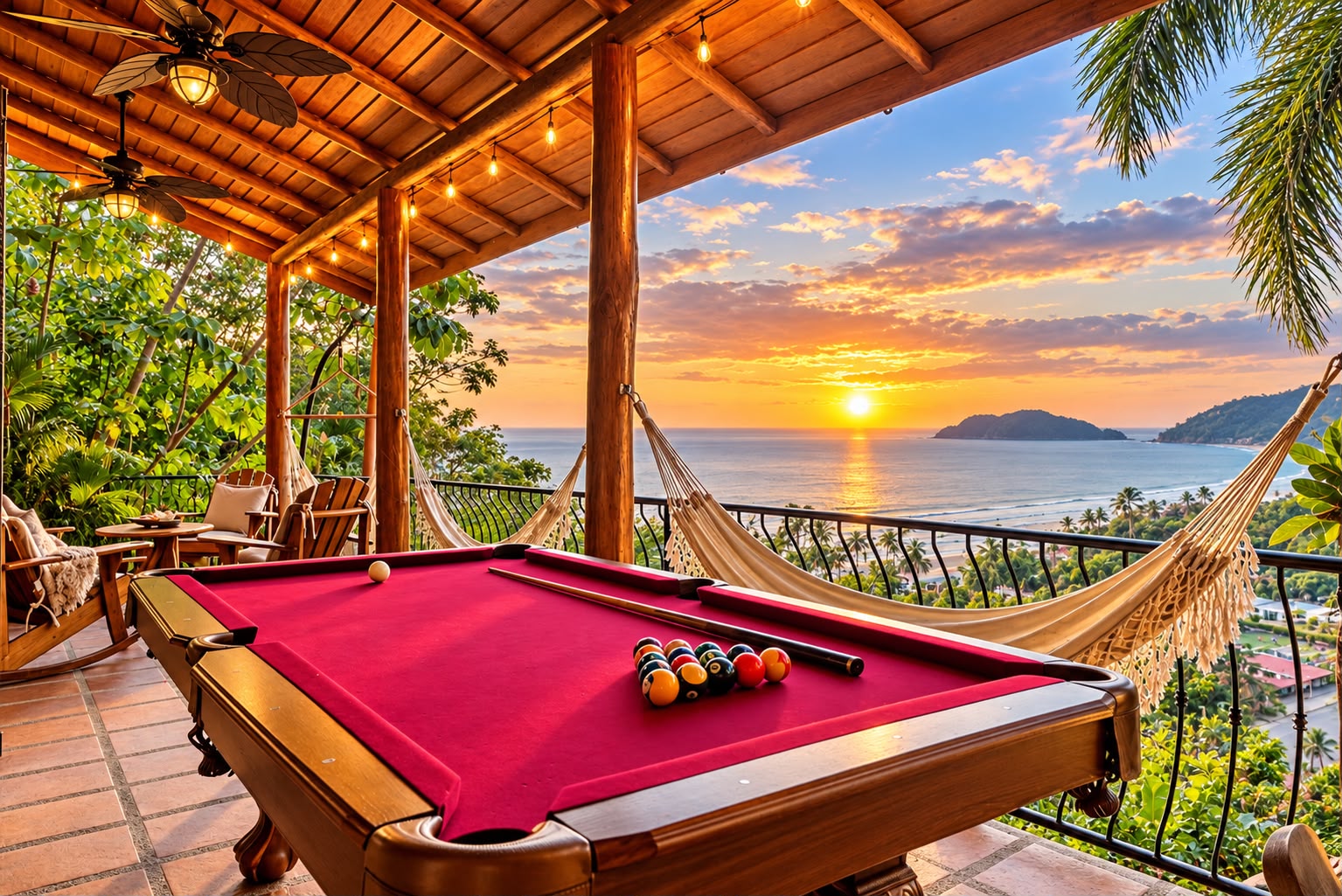 Pool table on the terrace with hammock and sunset